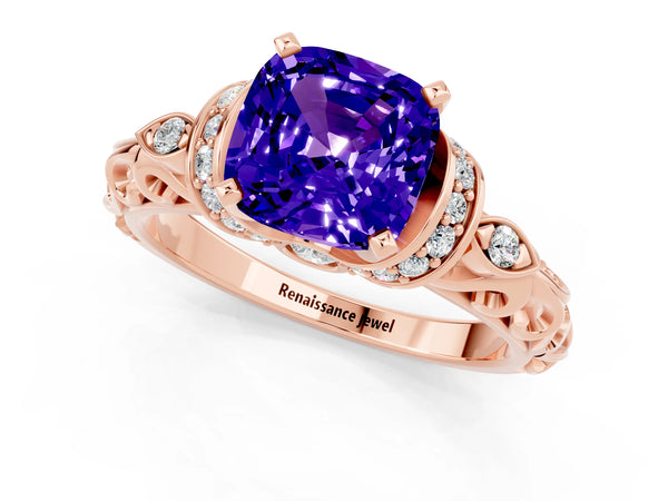 Rose gold Cushion Cut Tanzanite Solitaire Ring with Filigree Band and Four-Prong Setting