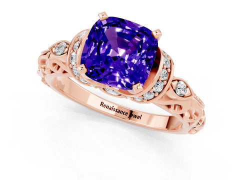 Rose gold Cushion Cut Tanzanite Solitaire Ring with Filigree Band and Four-Prong Setting_25