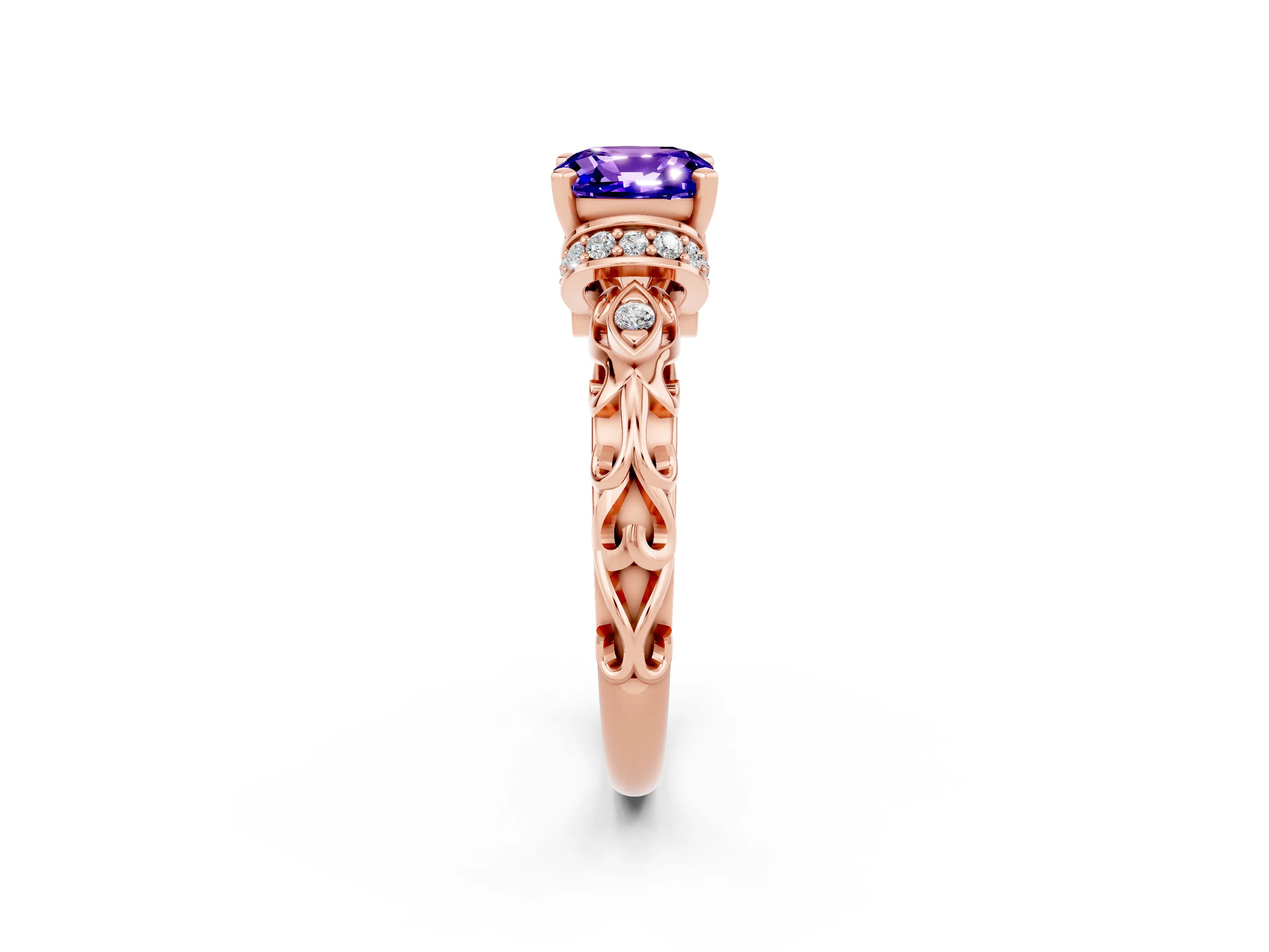 Rose gold Cushion Cut Tanzanite Solitaire Ring with Filigree Band and Four-Prong Setting_26