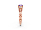 Rose gold Cushion Cut Tanzanite Solitaire Ring with Filigree Band and Four-Prong Setting_26