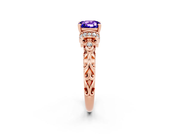 Rose gold Cushion Cut Tanzanite Solitaire Ring with Filigree Band and Four-Prong Setting