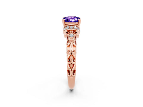 Rose gold Cushion Cut Tanzanite Solitaire Ring with Filigree Band and Four-Prong Setting_26