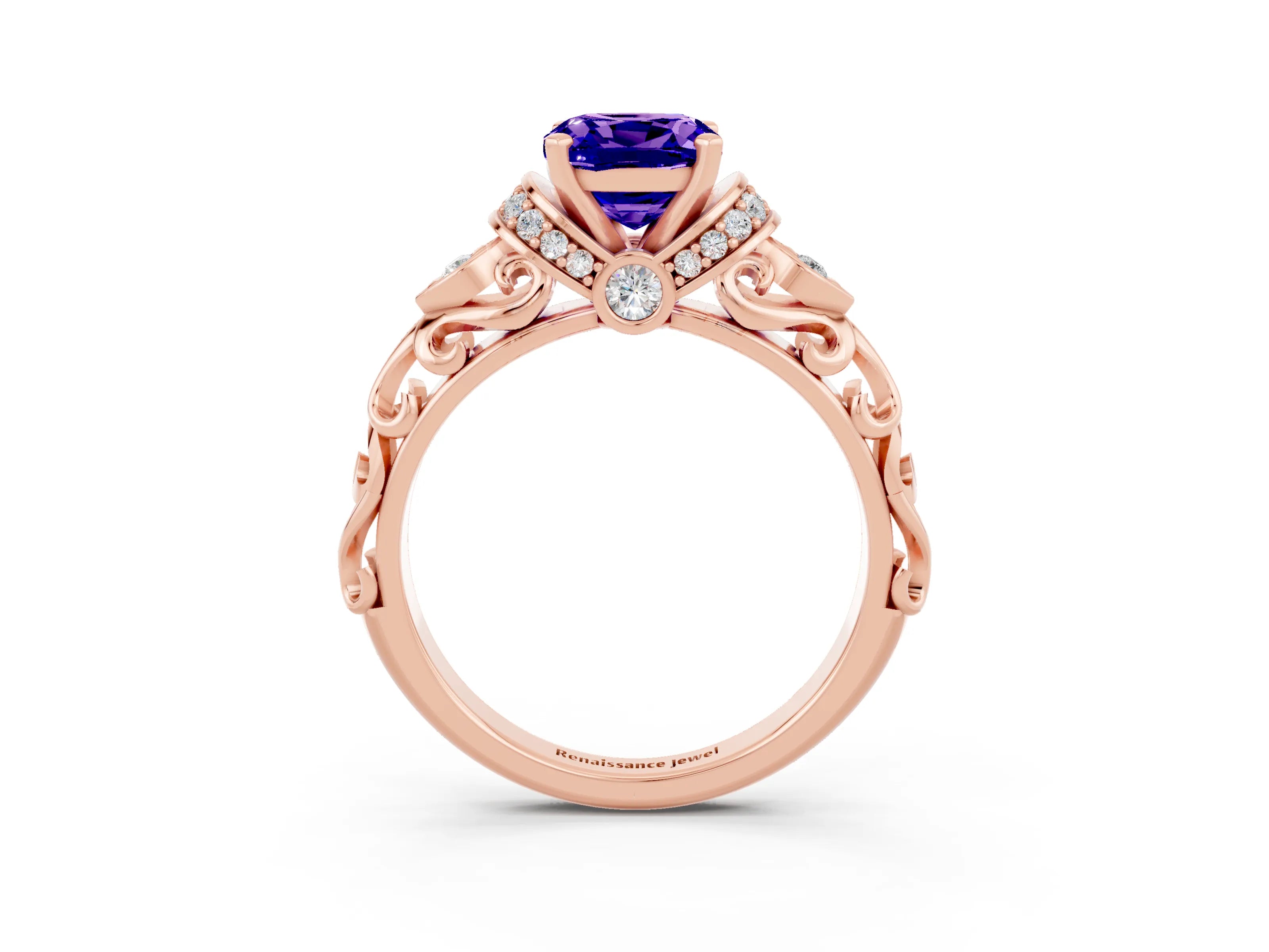 Rose gold Cushion Cut Tanzanite Solitaire Ring with Filigree Band and Four-Prong Setting_27