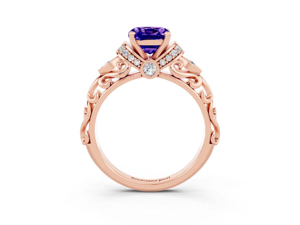 Rose gold Cushion Cut Tanzanite Solitaire Ring with Filigree Band and Four-Prong Setting