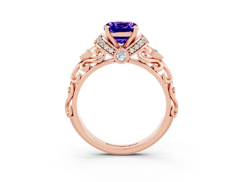 Rose gold Cushion Cut Tanzanite Solitaire Ring with Filigree Band and Four-Prong Setting_27