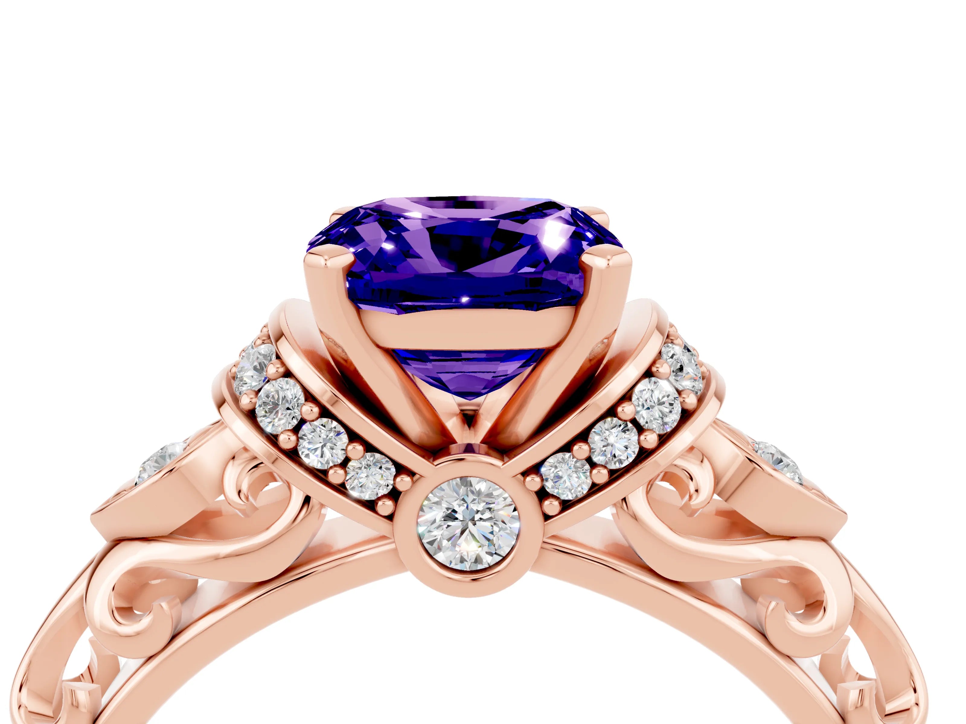 Rose gold Cushion Cut Tanzanite Solitaire Ring with Filigree Band and Four-Prong Setting_28