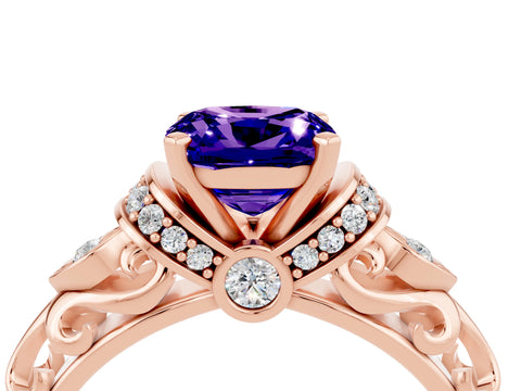 Rose gold Cushion Cut Tanzanite Solitaire Ring with Filigree Band and Four-Prong Setting_28
