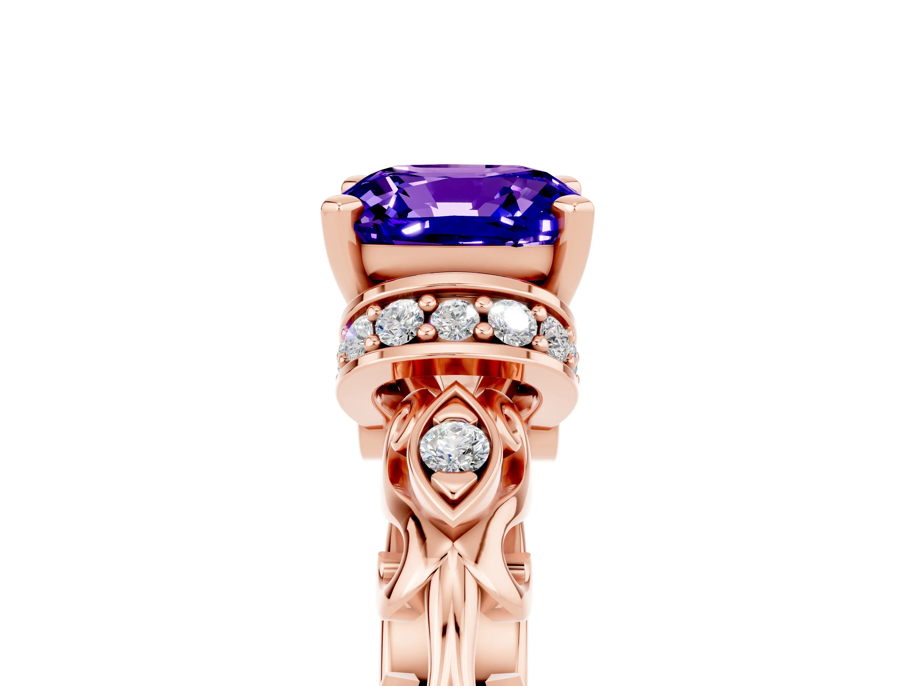 Rose gold Cushion Cut Tanzanite Solitaire Ring with Filigree Band and Four-Prong Setting_29