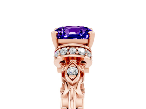 Rose gold Cushion Cut Tanzanite Solitaire Ring with Filigree Band and Four-Prong Setting_29