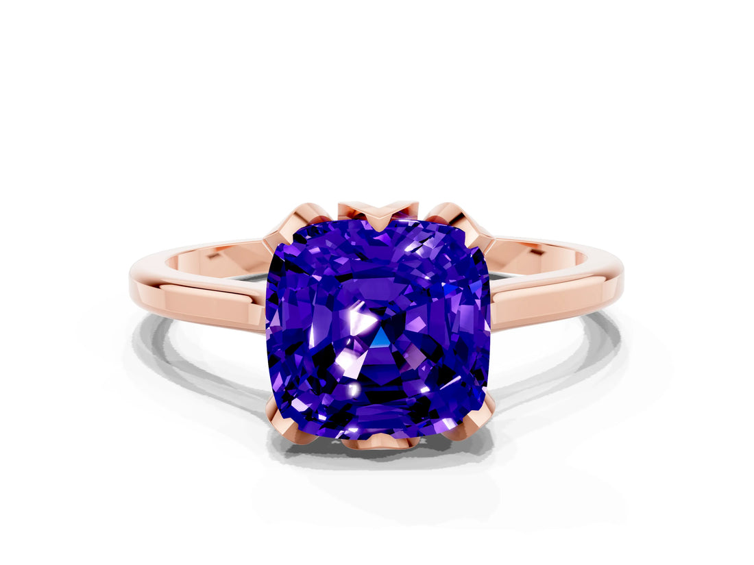 Rose gold Cushion Cut Tanzanite Solitaire Ring with Flower Prong Setting and Classic Band_12