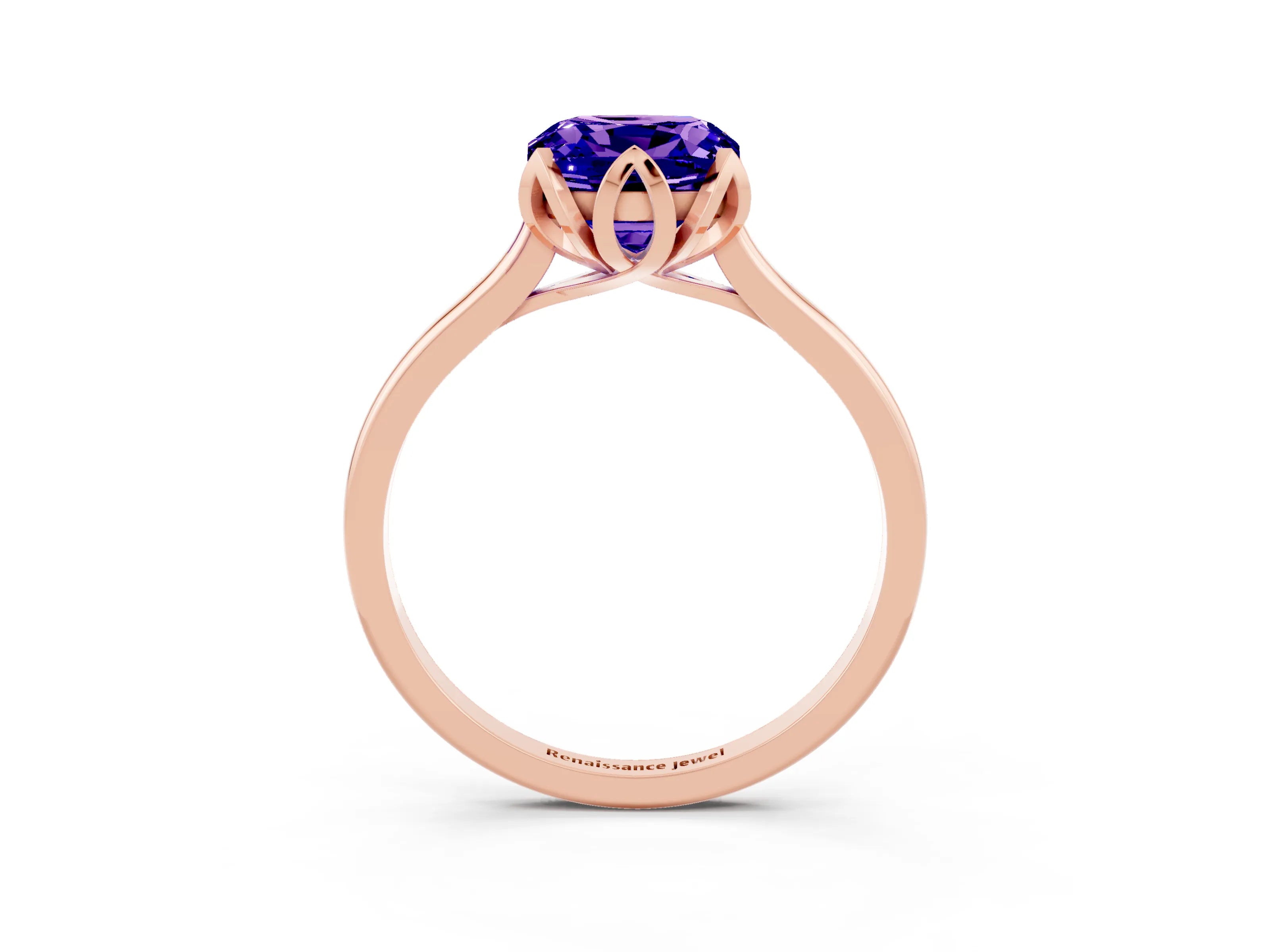 Rose gold Cushion Cut Tanzanite Solitaire Ring with Flower Prong Setting and Classic Band_15
