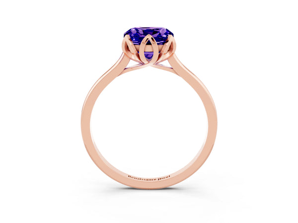 Rose gold Cushion Cut Tanzanite Solitaire Ring with Flower Prong Setting and Classic Band