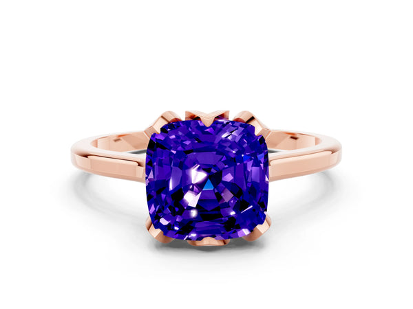 Rose gold Cushion Cut Tanzanite Solitaire Ring with Flower Prong Setting and Classic Band