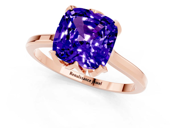 Rose gold Cushion Cut Tanzanite Solitaire Ring with Flower Prong Setting and Classic Band