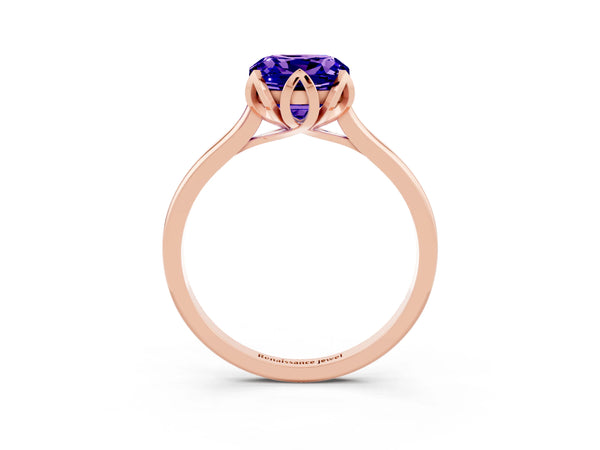 Rose gold Cushion Cut Tanzanite Solitaire Ring with Flower Prong Setting and Classic Band
