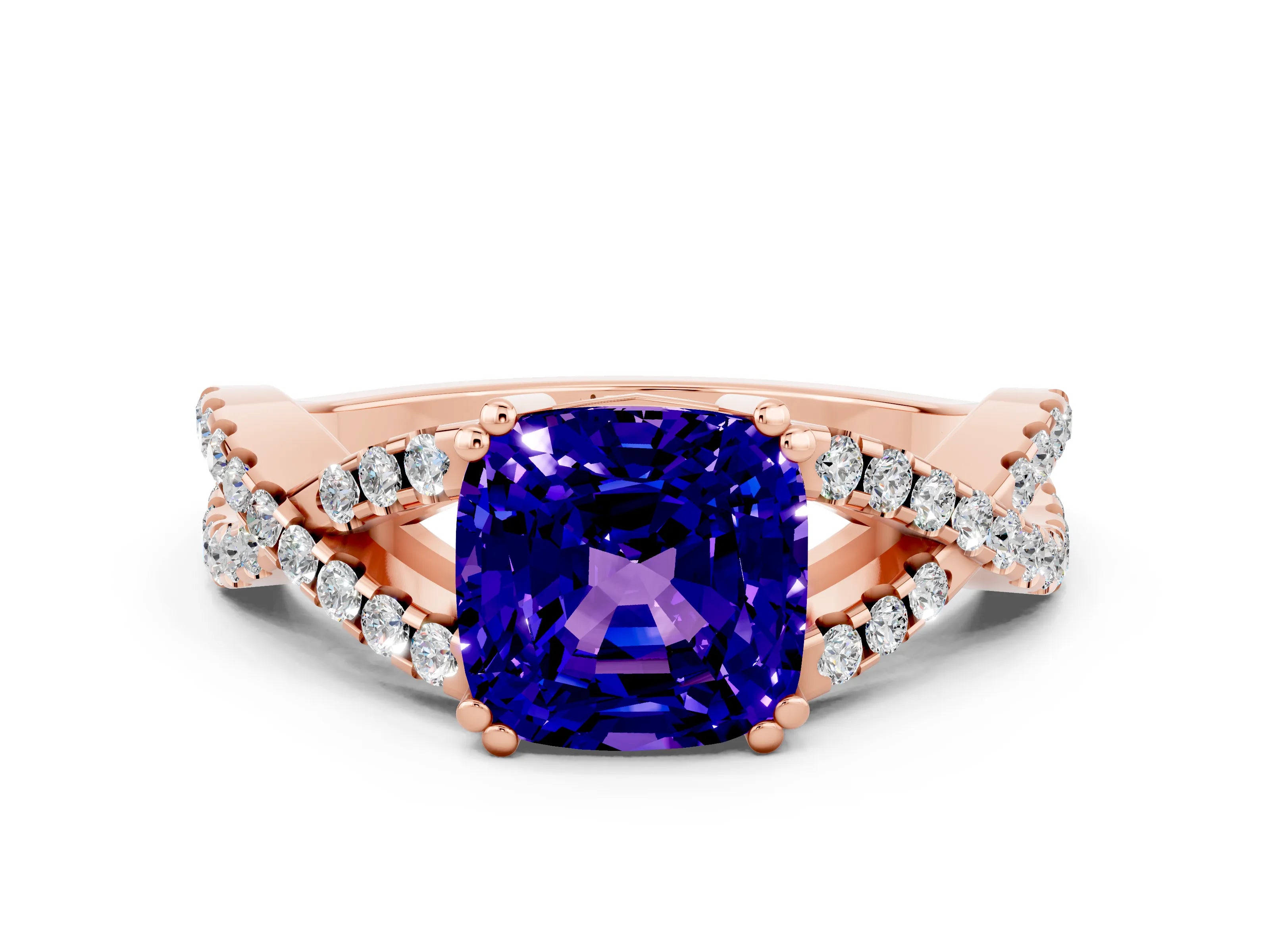 Rose gold Cushion Cut Tanzanite Solitaire Ring with Four-Prong Setting and Twisted Pavé Band