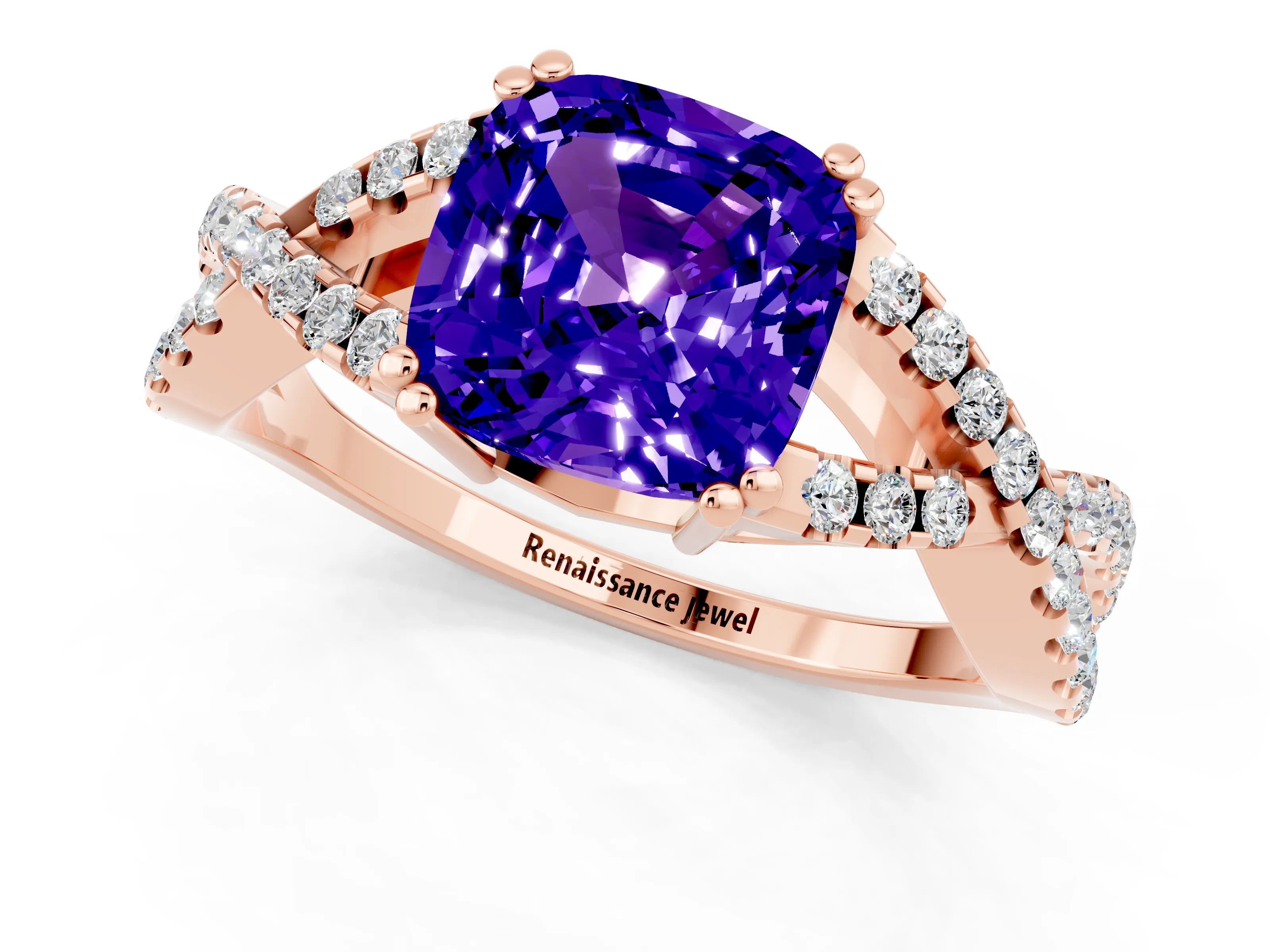 Rose gold Cushion Cut Tanzanite Solitaire Ring with Four-Prong Setting and Twisted Pavé Band_1
