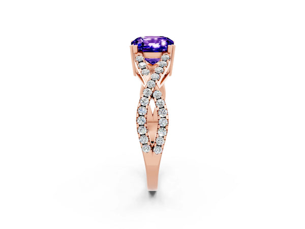 Rose gold Cushion Cut Tanzanite Solitaire Ring with Four-Prong Setting and Twisted Pavé Band