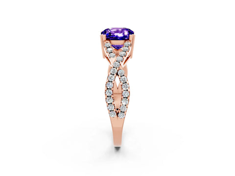 Rose gold Cushion Cut Tanzanite Solitaire Ring with Four-Prong Setting and Twisted Pavé Band_2
