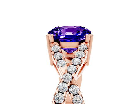 Rose gold Cushion Cut Tanzanite Solitaire Ring with Four-Prong Setting and Twisted Pavé Band_5