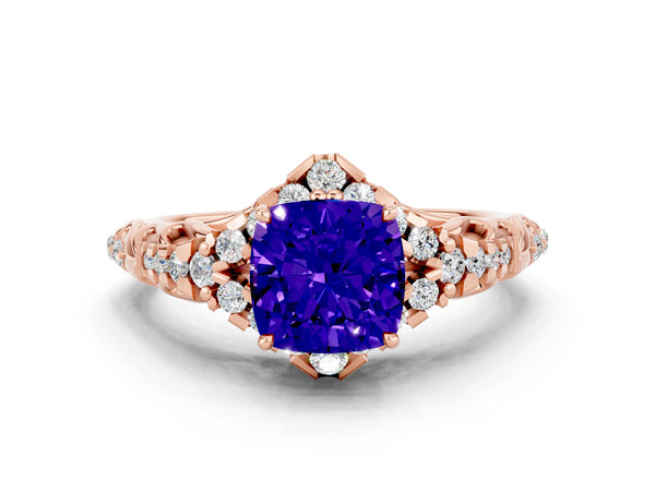 Rose gold Cushion Cut Tanzanite Solitaire Ring with Hidden Halo and Pavé Band