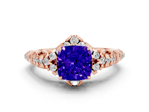 Rose gold Cushion Cut Tanzanite Solitaire Ring with Hidden Halo and Pavé Band_12