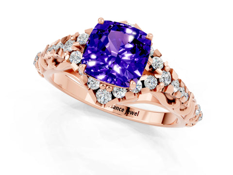 Rose gold Cushion Cut Tanzanite Solitaire Ring with Hidden Halo and Pavé Band_13