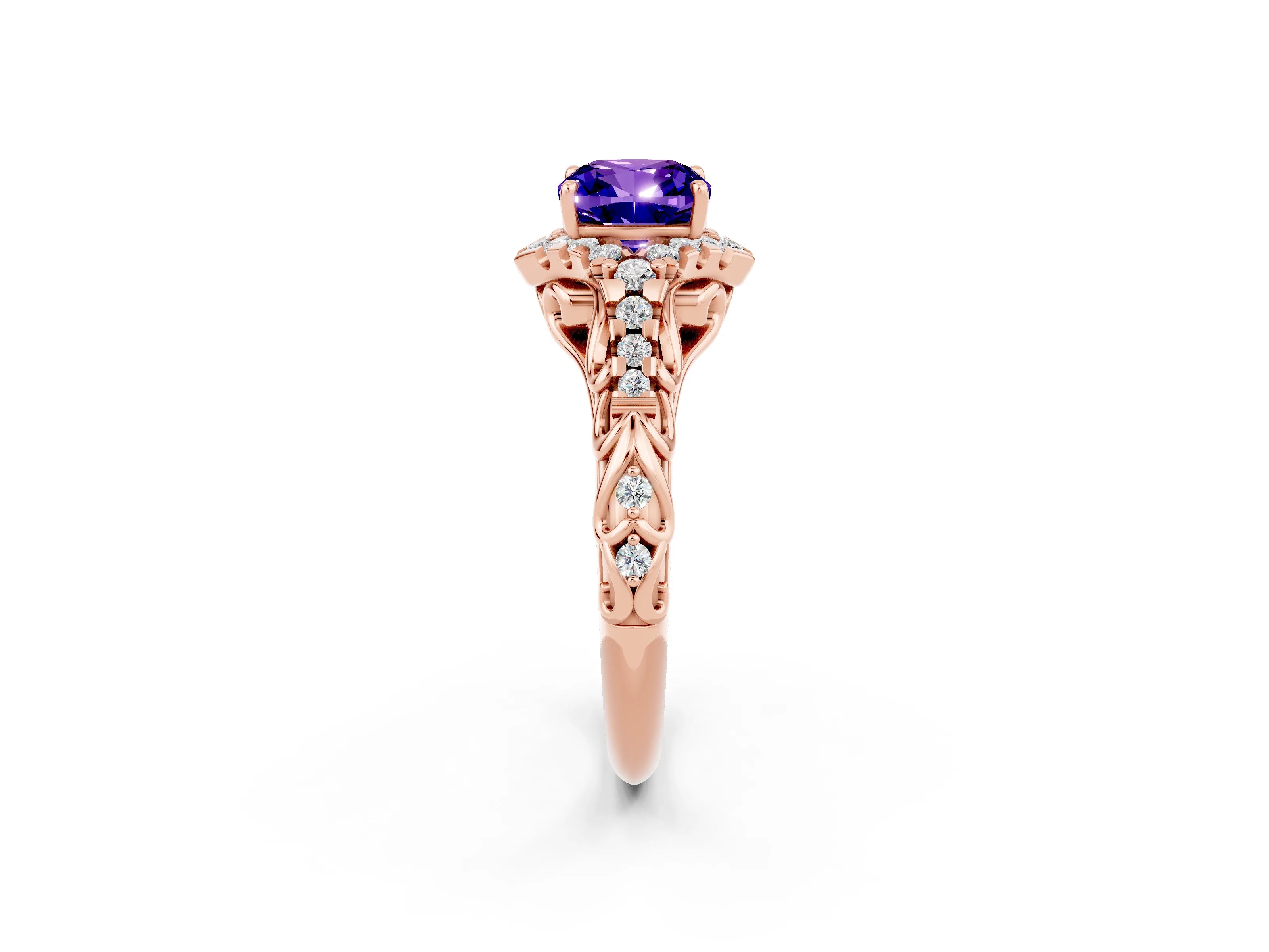 Rose gold Cushion Cut Tanzanite Solitaire Ring with Hidden Halo and Pavé Band_14