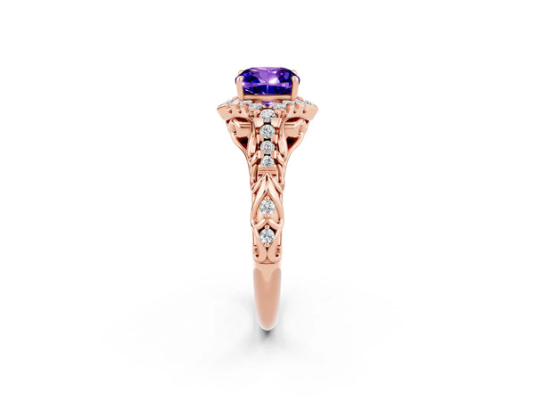 Rose gold Cushion Cut Tanzanite Solitaire Ring with Hidden Halo and Pavé Band