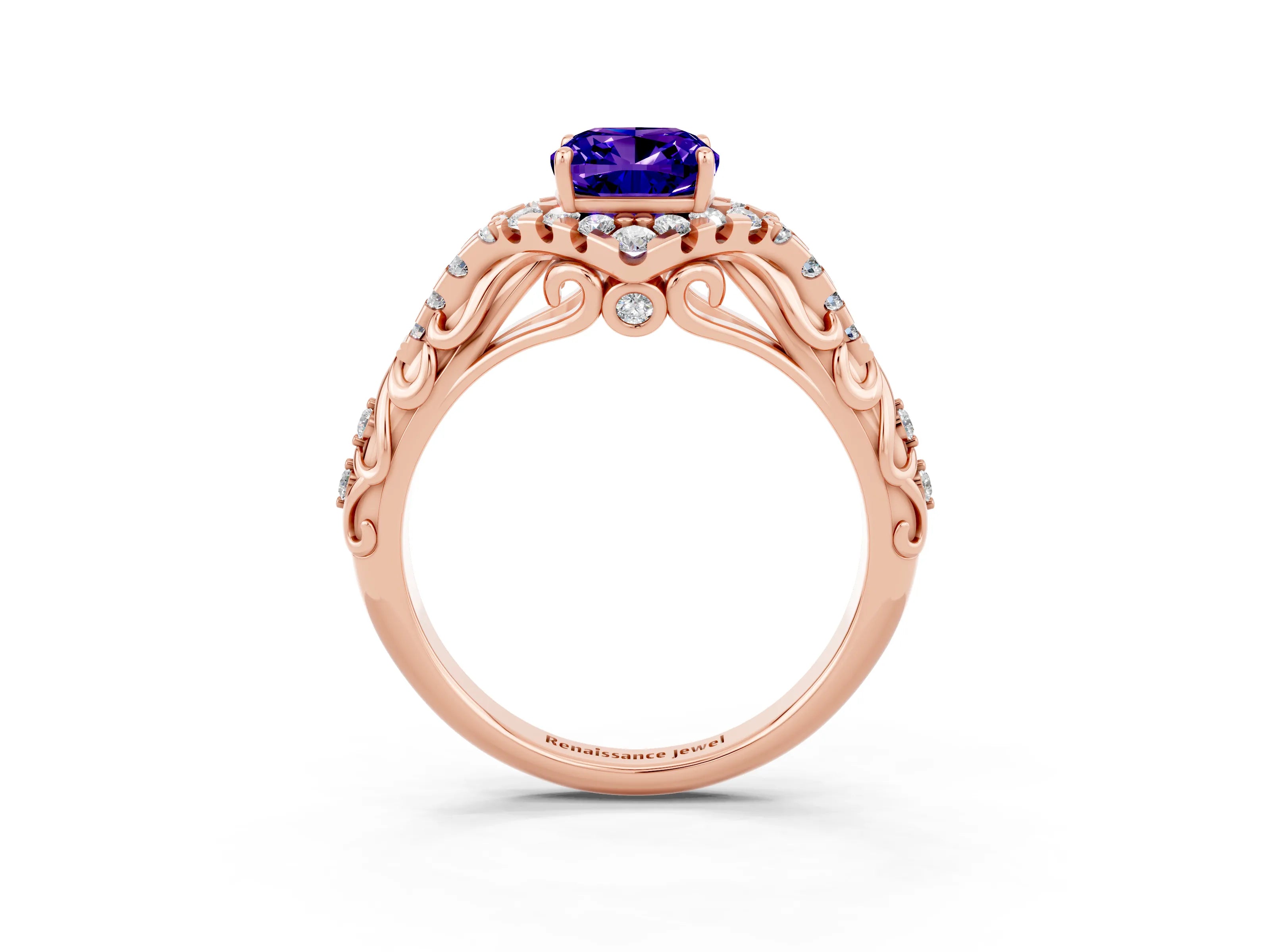 Rose gold Cushion Cut Tanzanite Solitaire Ring with Hidden Halo and Pavé Band_15