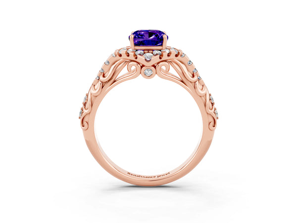 Rose gold Cushion Cut Tanzanite Solitaire Ring with Hidden Halo and Pavé Band