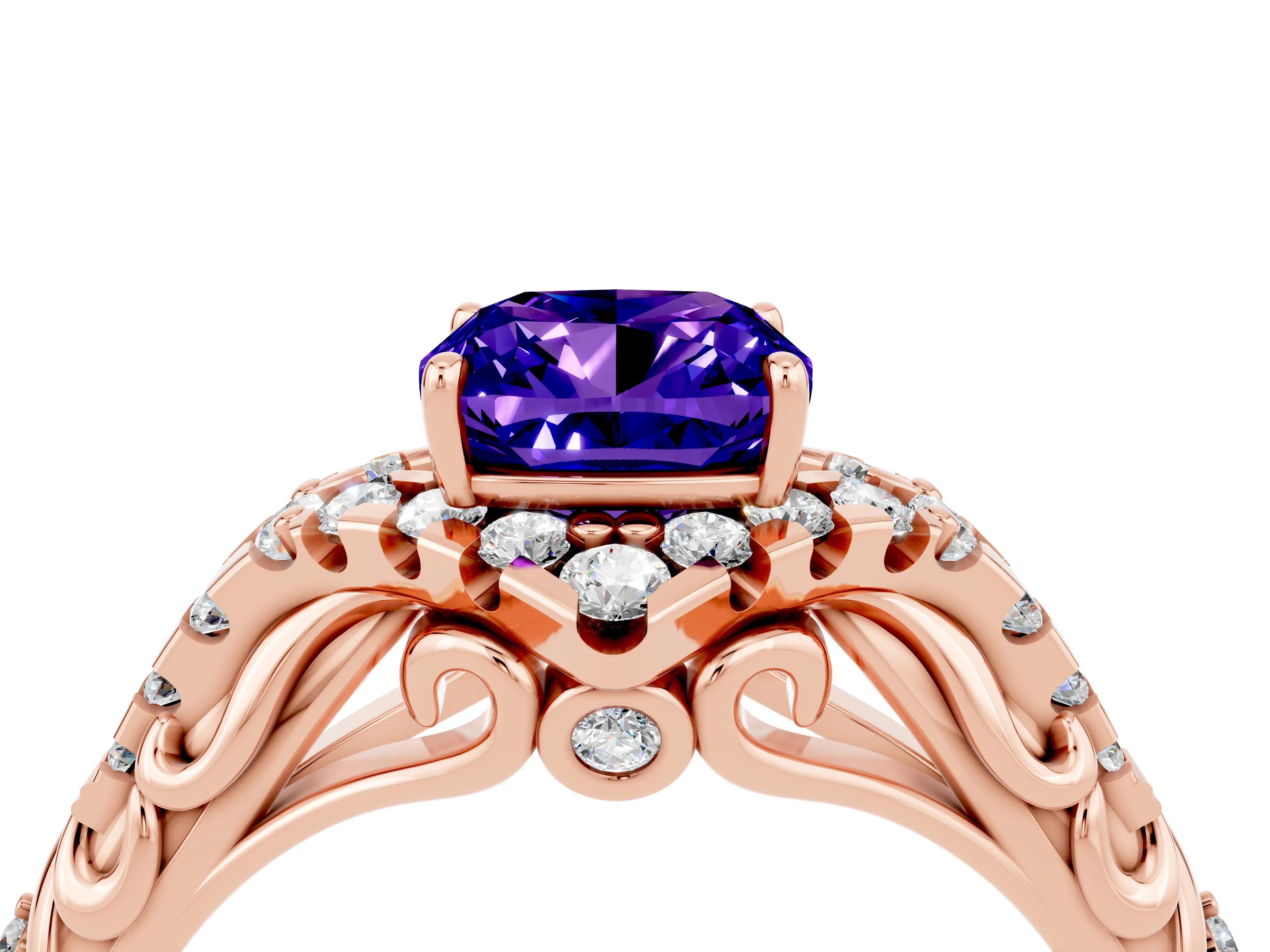 Rose gold Cushion Cut Tanzanite Solitaire Ring with Hidden Halo and Pavé Band_16