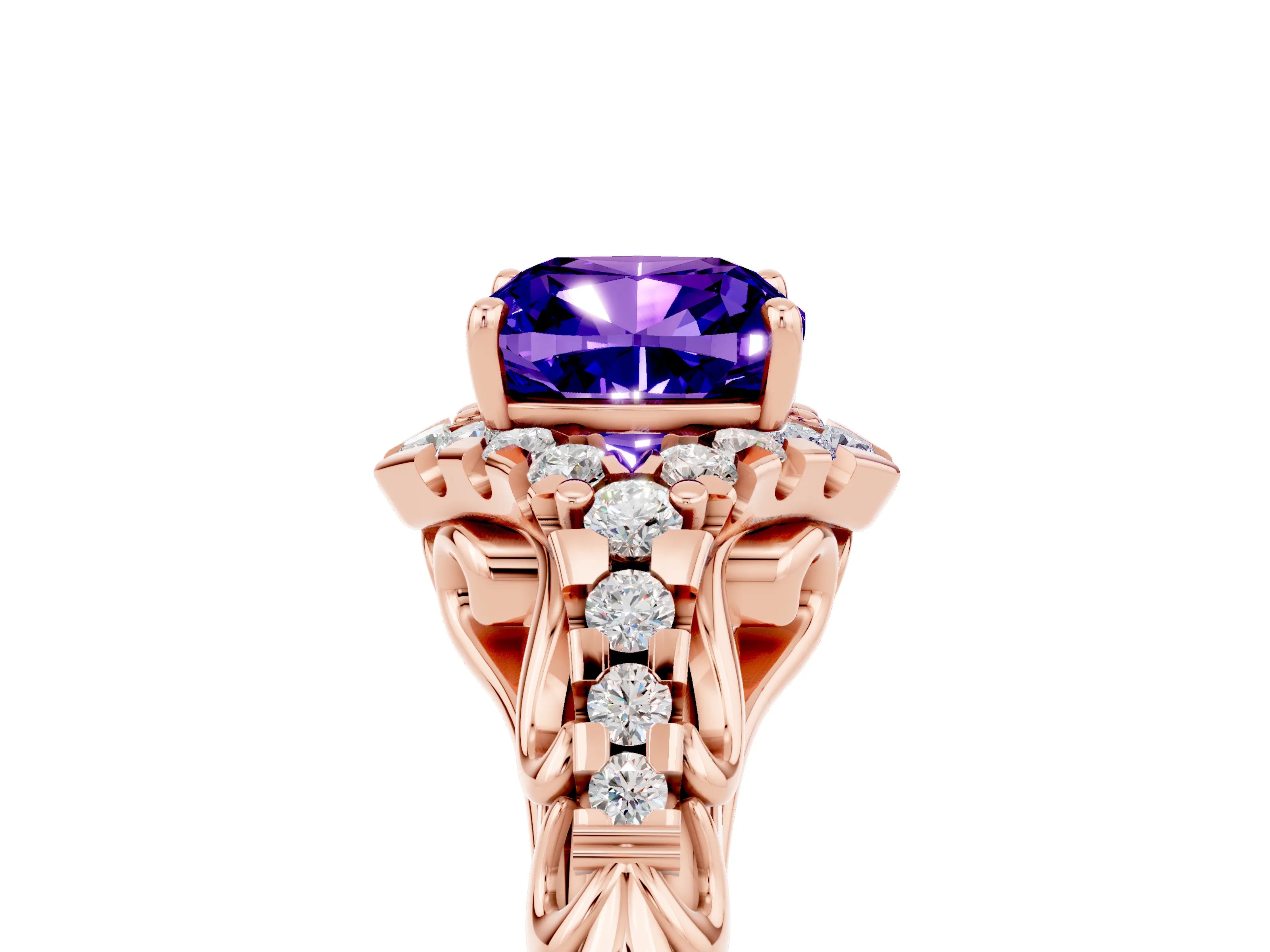 Rose gold Cushion Cut Tanzanite Solitaire Ring with Hidden Halo and Pavé Band_17
