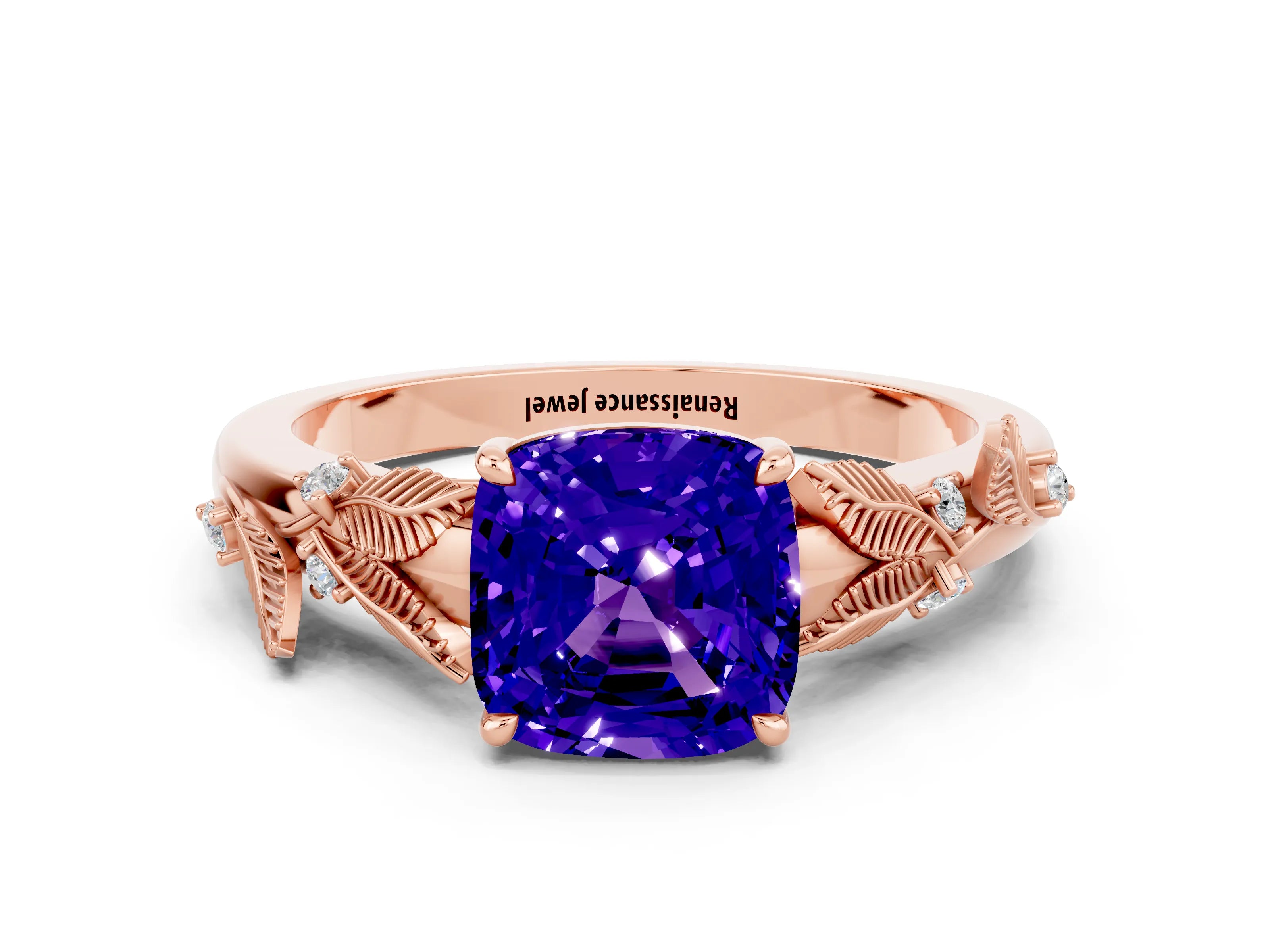 Rose gold Cushion Cut Tanzanite Solitaire Ring with Leaf Motif Band and Four-Prong Setting