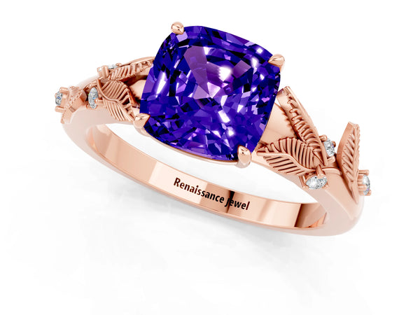 Rose gold Cushion Cut Tanzanite Solitaire Ring with Leaf Motif Band and Four-Prong Setting