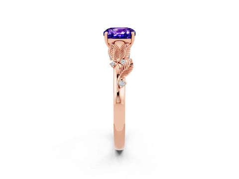 Rose gold Cushion Cut Tanzanite Solitaire Ring with Leaf Motif Band and Four-Prong Setting_2