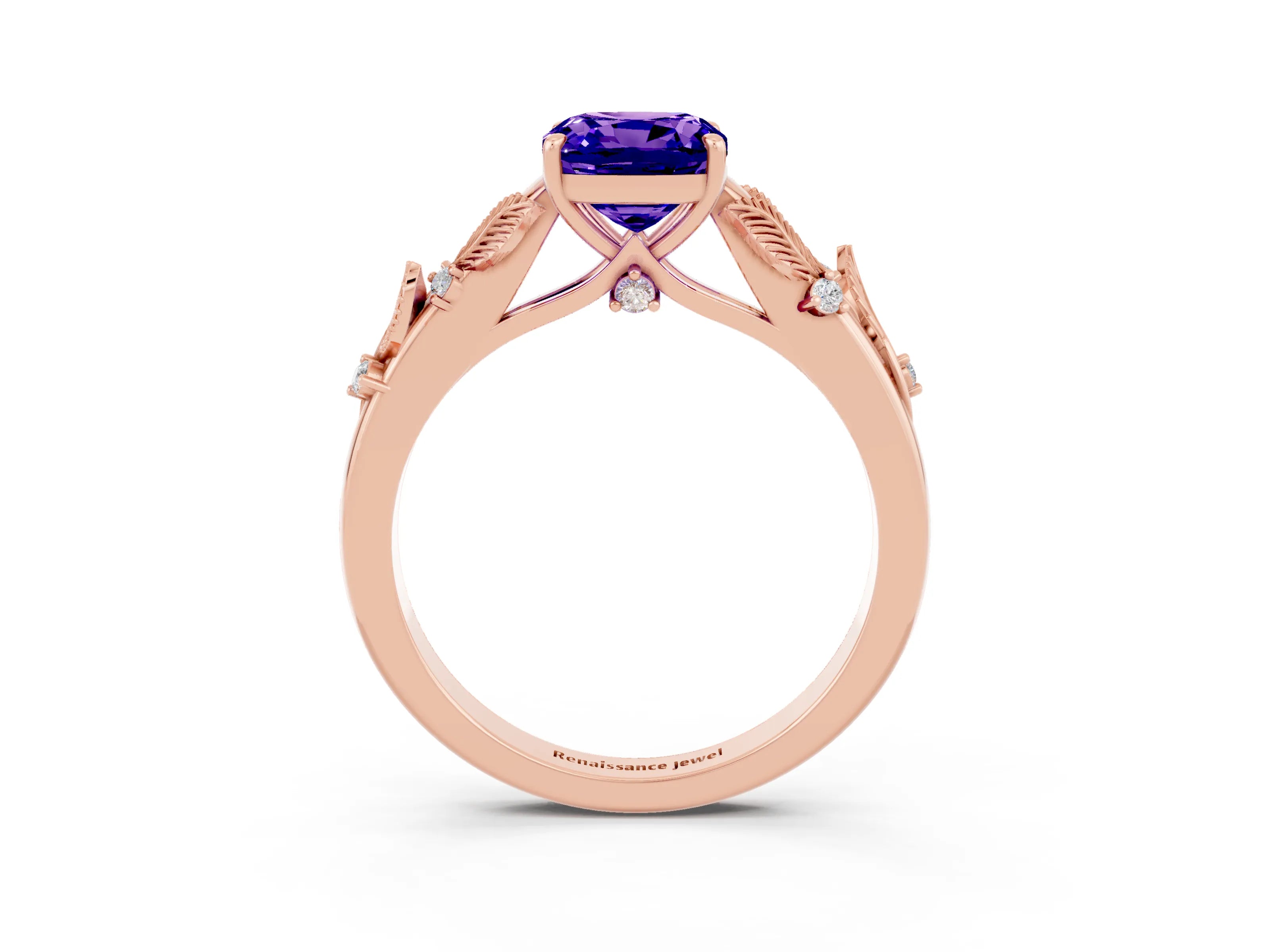 Rose gold Cushion Cut Tanzanite Solitaire Ring with Leaf Motif Band and Four-Prong Setting_3