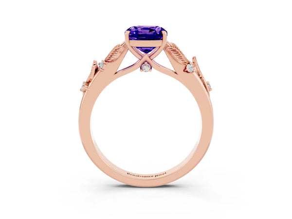 Rose gold Cushion Cut Tanzanite Solitaire Ring with Leaf Motif Band and Four-Prong Setting