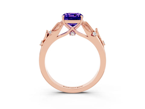 Rose gold Cushion Cut Tanzanite Solitaire Ring with Leaf Motif Band and Four-Prong Setting_3