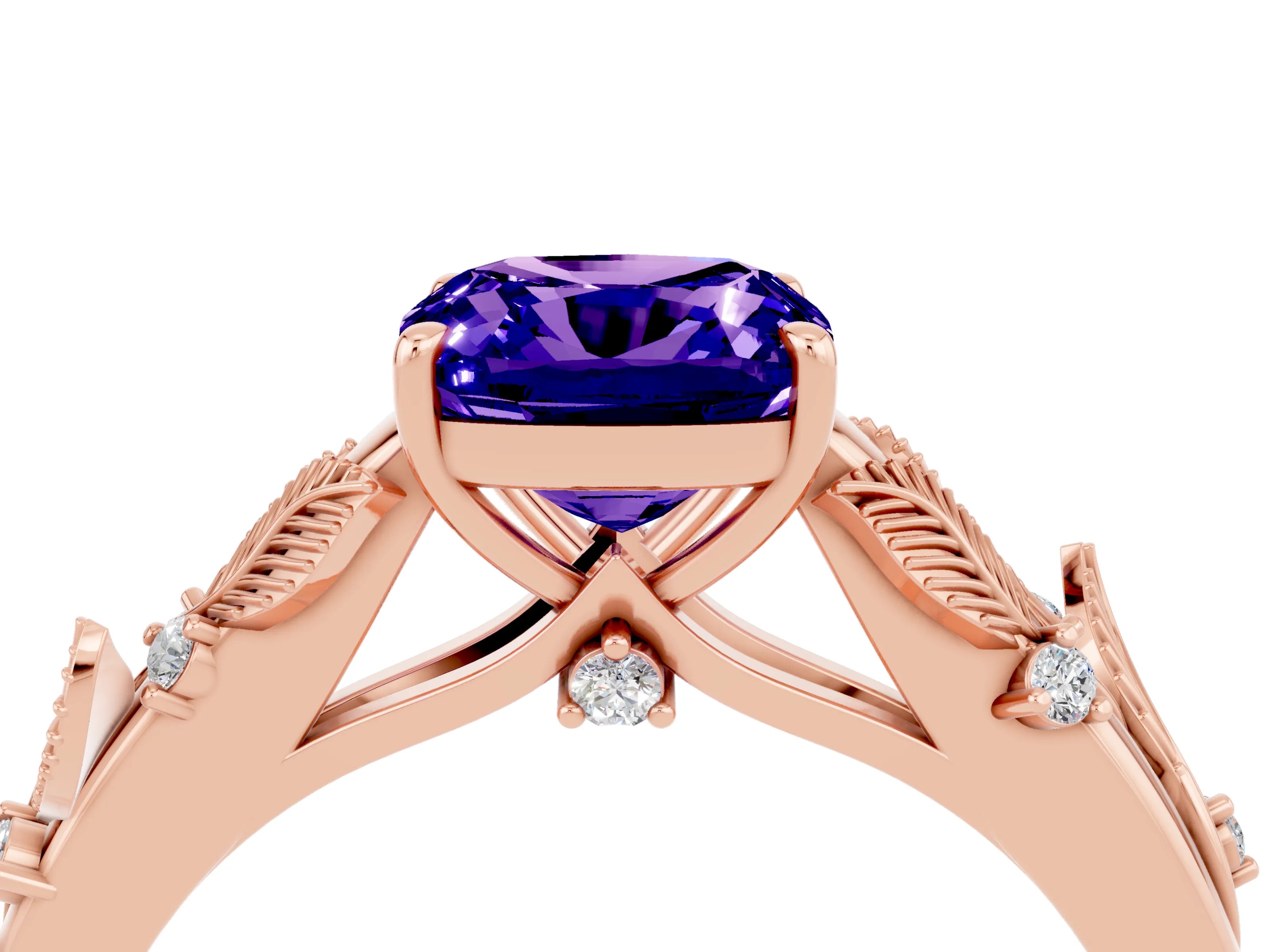 Rose gold Cushion Cut Tanzanite Solitaire Ring with Leaf Motif Band and Four-Prong Setting_4