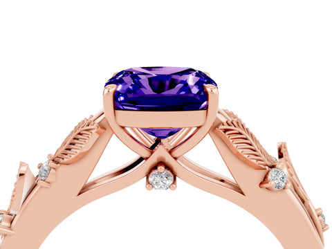 Rose gold Cushion Cut Tanzanite Solitaire Ring with Leaf Motif Band and Four-Prong Setting_4