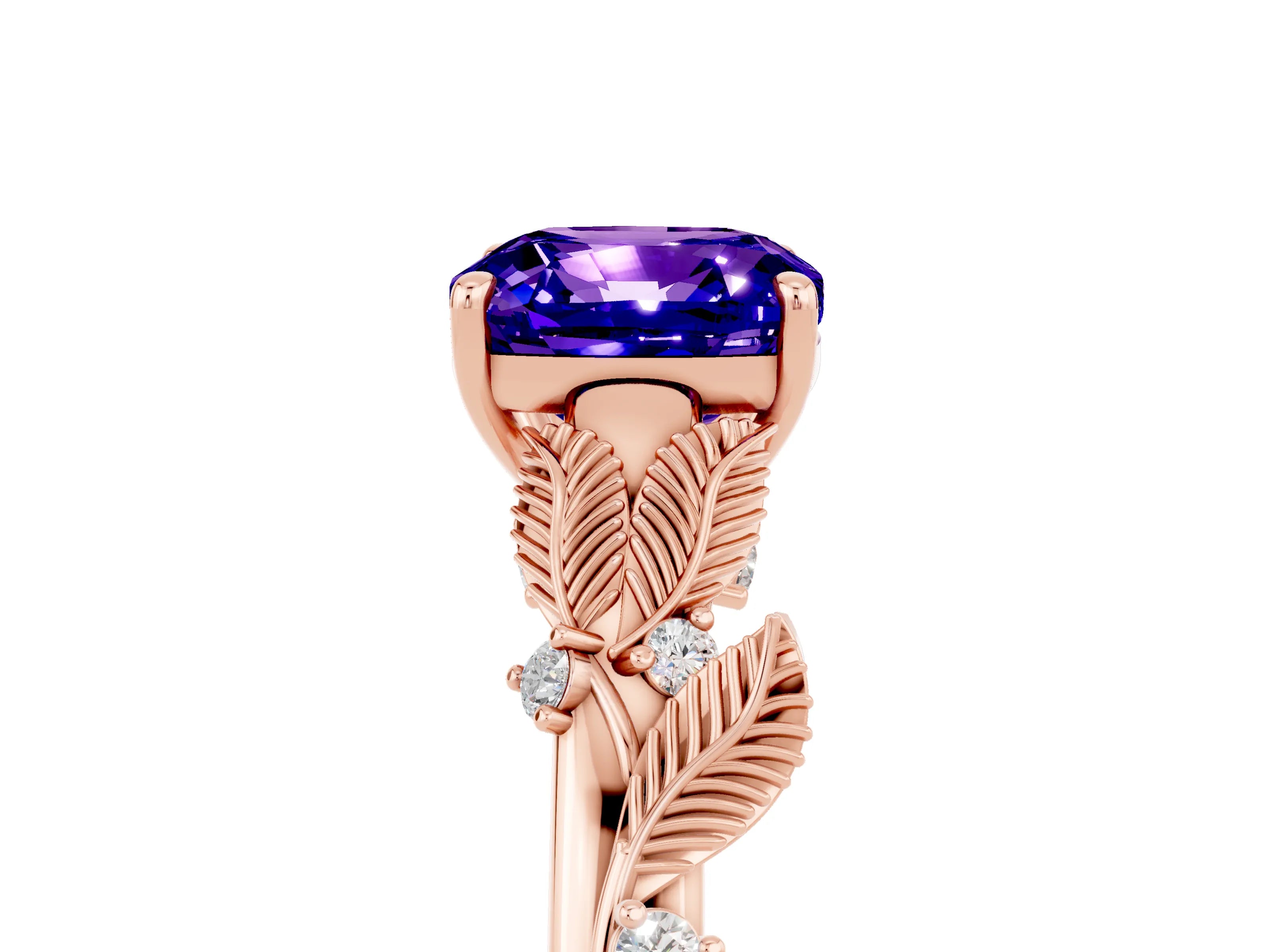 Rose gold Cushion Cut Tanzanite Solitaire Ring with Leaf Motif Band and Four-Prong Setting_5