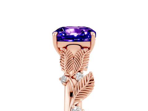 Rose gold Cushion Cut Tanzanite Solitaire Ring with Leaf Motif Band and Four-Prong Setting_5