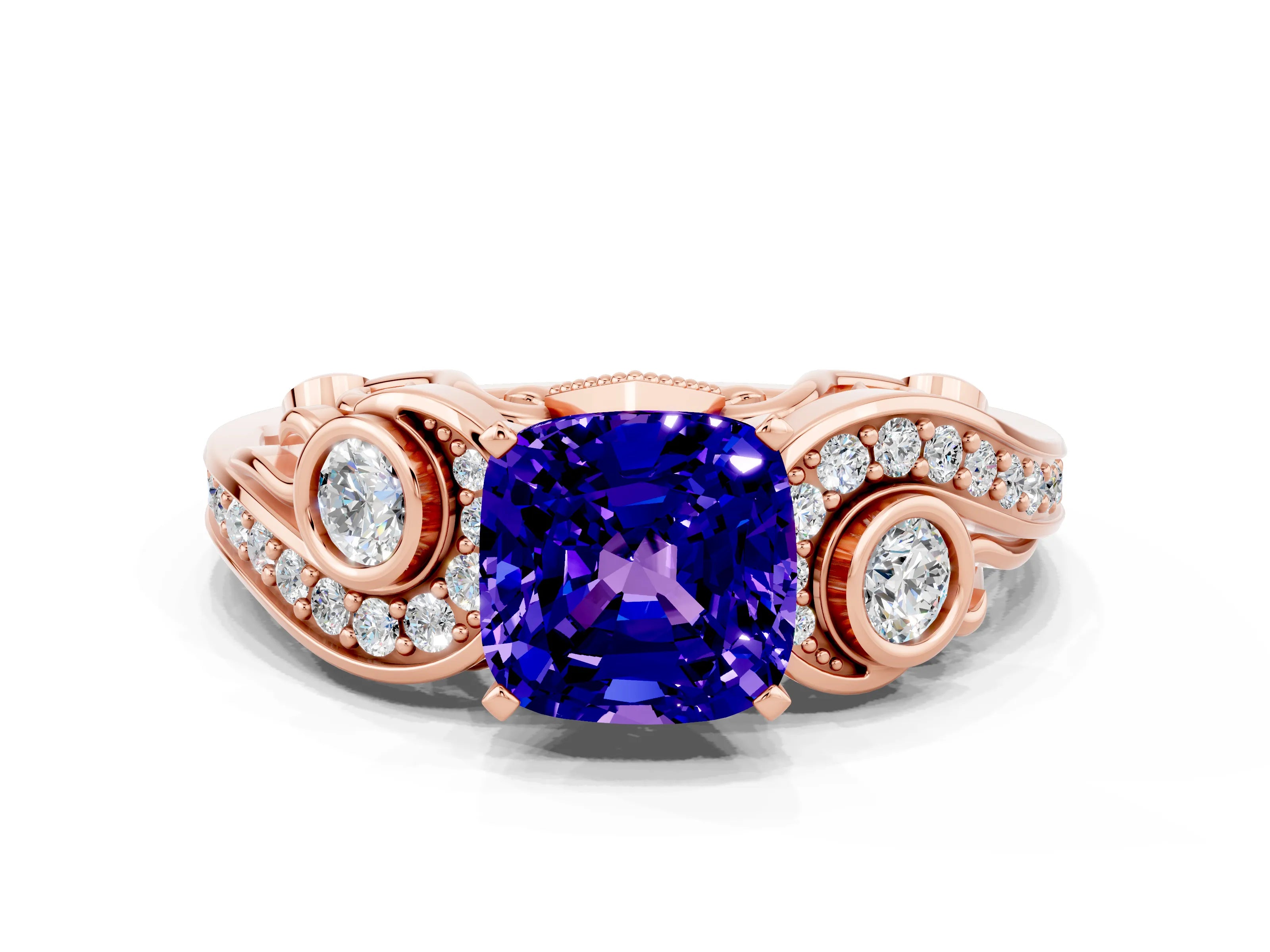 Rose gold Cushion Cut Tanzanite Solitaire Ring with Milgrain Pavé Band and Four-Prong Setting_24