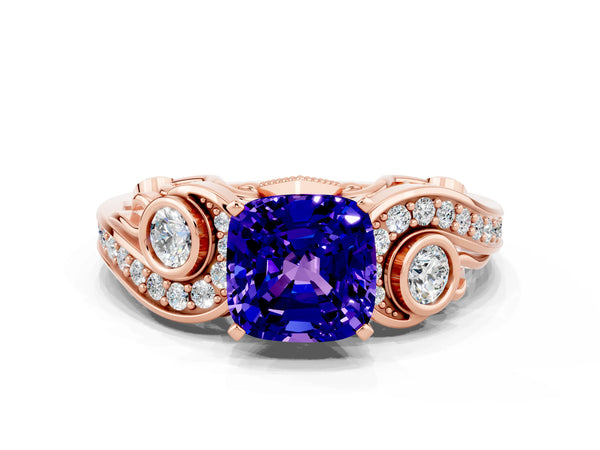 Rose gold Cushion Cut Tanzanite Solitaire Ring with Milgrain Pavé Band and Four-Prong Setting