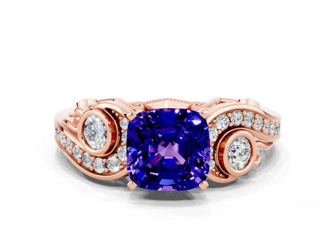 Rose gold Cushion Cut Tanzanite Solitaire Ring with Milgrain Pavé Band and Four-Prong Setting_24
