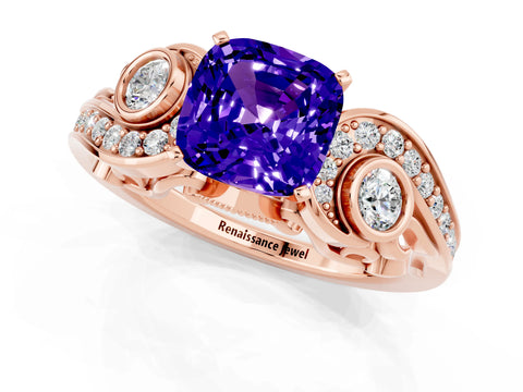 Rose gold Cushion Cut Tanzanite Solitaire Ring with Milgrain Pavé Band and Four-Prong Setting_25