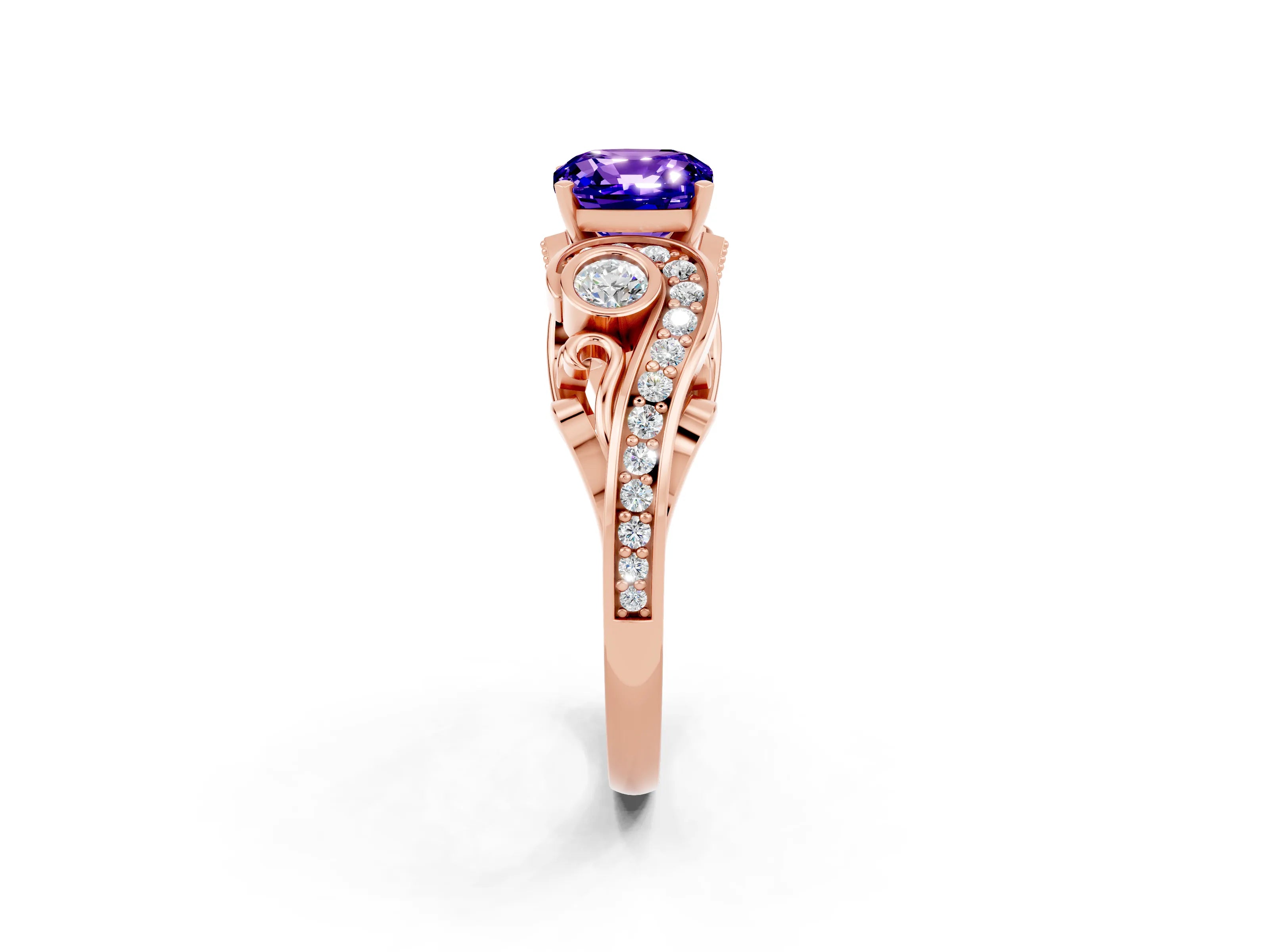 Rose gold Cushion Cut Tanzanite Solitaire Ring with Milgrain Pavé Band and Four-Prong Setting_26
