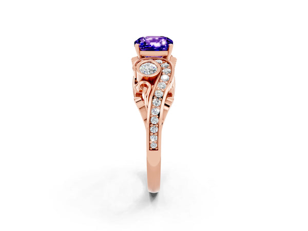 Rose gold Cushion Cut Tanzanite Solitaire Ring with Milgrain Pavé Band and Four-Prong Setting