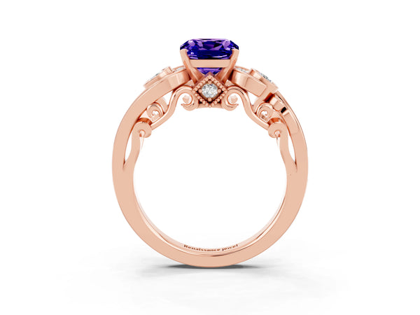 Rose gold Cushion Cut Tanzanite Solitaire Ring with Milgrain Pavé Band and Four-Prong Setting